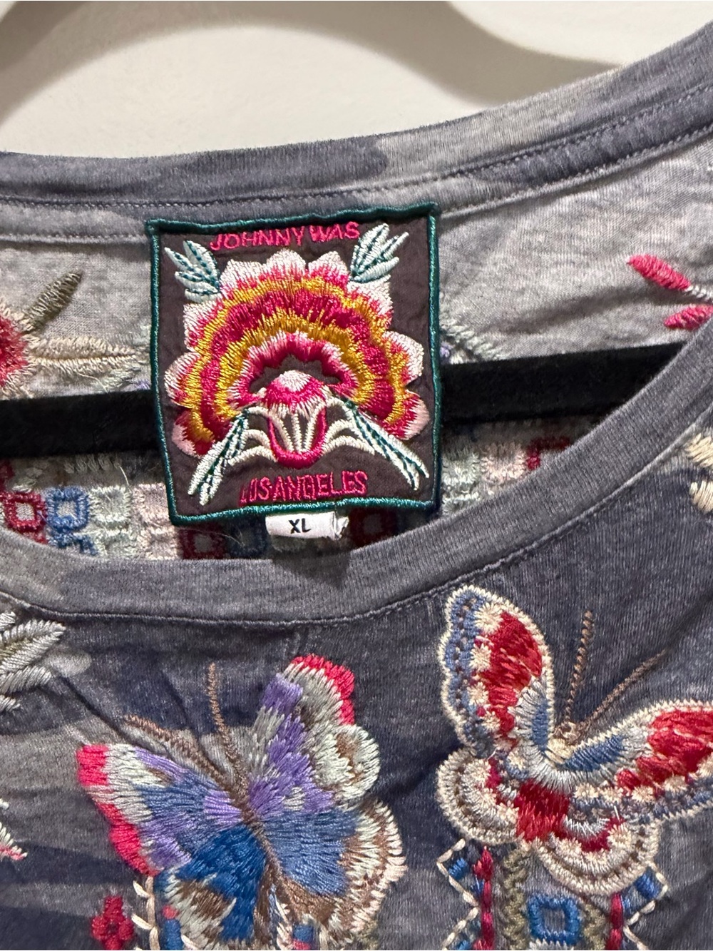 Johnny Was Blue Camo Tee with Multicolor Floral Embroidery - Picture 2 of 6